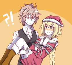 Rule 34 | 1boy, 1girl, boots, brown hair, carrying, christmas, couple, fate/apocrypha, fate (series), fokwolf, hat, jeanne d&#039;arc (fate), jeanne d&#039;arc (ruler) (fate), pale skin, princess carry, red eyes, santa boots, santa costume, santa hat, short hair, sieg (fate), simple background