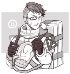 Rule 34 | 1boy, arurandeisu, backpack, bag, black gloves, death stranding, glasses, gloves, grey background, greyscale, holostars, looking at viewer, mabuka (mabukaaaa), male focus, monochrome, sideburns, simple background, smiley face, solo, standing, sweatdrop, upper body, virtual youtuber