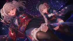 Rule 34 | 2girls, :d, absurdres, alternate costume, arrow (projectile), bell, belorta (nikke), beret, black gloves, black headwear, black kimono, black thighhighs, blue eyes, blue kimono, blush, bow, breasts, commentary, dutch angle, feet out of frame, fireworks, floral print, flower, flower knot, frilled gloves, frilled kimono, frills, fur-trimmed kimono, fur trim, gloves, goddess of victory: nikke, hair flower, hair ornament, hamaya, hat, highres, holding, holding arrow, japanese clothes, kimono, looking at another, looking at viewer, lunch (lunchicken), medium breasts, medium hair, multiple girls, new year, night, night sky, obi, obiage, obijime, open mouth, outdoors, red bow, sash, short hair, short kimono, sky, smile, sweatdrop, tassel, tassel hair ornament, thighhighs, thighs, twintails, vesti (nikke), white gloves, wide sleeves, yellow eyes, yukata, zettai ryouiki
