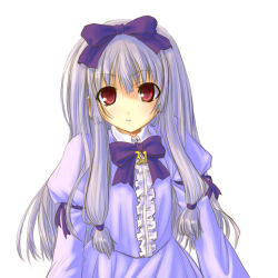 Rule 34 | 1girl, 3.1-tan, blush, bow, bowtie, center frills, dd (ijigendd), dress, eyebrows, frills, juliet sleeves, long hair, long sleeves, looking at viewer, os-tan, puffy sleeves, purple bow, purple bowtie, purple dress, red eyes, silver hair, simple background, solo, very long hair, white background