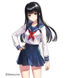 Rule 34 | 1girl, anzumame, black hair, blue sailor collar, blue skirt, blunt bangs, blush, breasts, character request, closed mouth, collarbone, copyright notice, cowboy shot, cropped shirt, green eyes, hand on own hip, high-waist skirt, light frown, long sleeves, looking at viewer, miko bishoujo, neckerchief, official art, pleated skirt, red neckerchief, sailor collar, school uniform, serafuku, serious, shadow, simple background, skirt, sleeve cuffs, small breasts, solo, thighs, white background