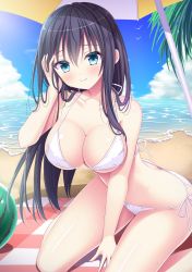 Rule 34 | 1girl, ass, bare legs, beach, beach umbrella, between legs, bikini, bird, black hair, blanket, blue eyes, blue sky, breasts, cleavage, closed mouth, cloud, collarbone, commentary request, day, food, fruit, hand between legs, hand in own hair, highres, large breasts, long hair, looking at viewer, ocean, original, outdoors, palm tree, seagull, shiwasu horio, sidelocks, sky, smile, solo, summer, swimsuit, thighs, tree, umbrella, watermelon, white bikini