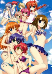 Rule 34 | &gt;:/, 10s, 6+girls, :/, :d, ;), agito (nanoha), ahoge, aqua eyes, arm grab, armpits, arms around neck, barefoot, beads, bikini, blonde hair, blue eyes, blue hair, blush, bracelet, braid, breast press, breasts, brown hair, buckle, casual one-piece swimsuit, checkered bikini, checkered clothes, cleavage, cloud, cross-laced clothes, crossed arms, day, french braid, frills, front-tie bikini top, front-tie top, fujima takuya, grey bikini, grin, hair between eyes, hair ornament, hair ribbon, hairclip, hand on own hip, hexagon, high ponytail, highres, hip focus, hug, hug from behind, index finger raised, jewelry, kneeling, long hair, looking at viewer, lyrical nanoha, mahou shoujo lyrical nanoha, mahou shoujo lyrical nanoha vivid, medium breasts, miura rinaldi, multiple girls, navel, nove (nanoha), numbers (nanoha), ocean, official art, one-piece swimsuit, one eye closed, open mouth, orange hair, outdoors, parted bangs, pink hair, planet, ponytail, print bikini, purple bikini, red hair, reinforce zwei, ribbon, sarong, scan, school swimsuit, shamal, short hair, side-tie bikini bottom, sideboob, signum, sitting, sky, small breasts, smile, star (symbol), star print, subaru nakajima, swimsuit, teana lanster, twin braids, v-shaped eyebrows, vita (nanoha), water, white one-piece swimsuit, white school swimsuit, x hair ornament, yagami hayate, yellow eyes, yellow one-piece swimsuit
