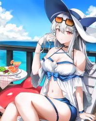 Rule 34 | 1girl, absurdres, arknights, arm support, bare shoulders, blue shorts, blue sky, breasts, chair, choker, cleavage, cloud, cocktail glass, commentary request, cup, day, drinking glass, eyewear on head, feet out of frame, food, fruit, hair between eyes, hand in own hair, hand up, hat, highres, inflatable orca, inflatable toy, kiwi (fruit), kiwi slice, long hair, looking at viewer, medium breasts, navel, off-shoulder shirt, off shoulder, official alternate costume, orange (fruit), orange slice, partial commentary, pink eyes, railing, shirt, short shorts, short sleeves, shorts, silver hair, sitting, skadi (arknights), skadi (waverider) (arknights), sky, skyblack/kurozora, solo, stomach, sun hat, sunglasses, thigh strap, thighs, white hat, white shirt