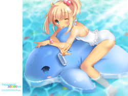 Rule 34 | 1girl, blonde hair, blue eyes, casual one-piece swimsuit, fish, inflatable dolphin, inflatable toy, one-piece swimsuit, one eye closed, original, pan (mimi), side ponytail, solo, straddling, swimming, swimsuit, thank you, tongue, toy, v, water, white one-piece swimsuit, wink