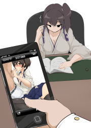 Rule 34 | 10s, 1boy, 1girl, black thighhighs, blush, book, breasts, brown hair, cellphone, cellphone photo, cleavage, fellatio, hetero, kaga (kancolle), kantai collection, large breasts, momio, oral, penis, phone, photographic proof, pov, side ponytail, sitting, spread legs, tasuki, thighhighs, uncensored