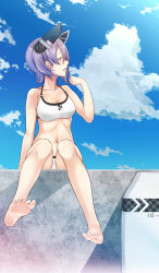 Rule 34 | 10s, 1girl, ankh (ankh 05), barefoot, bikini, blue sky, blush, breasts, cloud, collarbone, concrete, day, hair between eyes, headgear, highres, hot, kantai collection, looking away, looking to the side, medium breasts, navel, open mouth, outdoors, playing with own hair, profile, purple hair, short hair, sitting, sky, soles, solo, sunlight, sweat, swimsuit, tenryuu (kancolle), wall