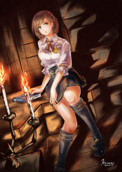 Rule 34 | 1girl, blue eyes, bob cut, book, brown hair, candle, candlelight, commentary, dated, dutch angle, final fantasy, final fantasy xi, hume, indoors, kneehighs, morere, neck ribbon, pleated skirt, ribbon, scholar (final fantasy), school uniform, shadow, short hair, signature, sitting, skirt, socks, solo