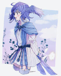Rule 34 | 1girl, arms behind back, bird girl, blue cloak, blue feathers, blue hair, blue sky, cloak, cloud, dress, feathers, feet out of frame, final fantasy, final fantasy xiv, flower, from side, gem, head wings, highres, light blush, light smile, meteion, renana-re, sky, solo, teeth, turtleneck, upper teeth only, white dress, wings