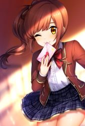 Rule 34 | 1girl, abstract background, blazer, bow, bowtie, contrapposto, covering own mouth, cowboy shot, envelope, hair bow, highres, idolmaster, idolmaster cinderella girls, igarashi kyoko, jacket, letter, looking at viewer, love letter, one eye closed, open clothes, open jacket, orange eyes, plaid, plaid bow, plaid bowtie, plaid neckwear, plaid skirt, pleated skirt, red hair, school uniform, sea scorpion (umisasori), shirt, short hair, side ponytail, skirt, smile, solo, sunlight, white shirt