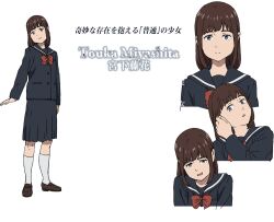 Rule 34 | 1girl, boogiepop, bow, bowtie, brown hair, character name, character profile, character sheet, collared shirt, full body, grey eyes, loafers, medium hair, miyashita touka, pleated skirt, red bow, red bowtie, sailor collar, school uniform, shirt, shoes, skirt, smile, socks, translation request, transparent background, white socks