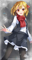 Rule 34 | 1girl, :d, argyle, argyle clothes, argyle scarf, black pantyhose, black skirt, black vest, blonde hair, commentary request, fang, fringe trim, hair ribbon, highres, looking at viewer, open mouth, pantyhose, red eyes, red ribbon, red scarf, ribbon, rumia, scarf, shirt, skirt, smile, snowflakes, solo, touhou, uumaru, vest, white shirt