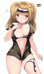 Rule 34 | 10s, 1girl, blush, breasts, brown eyes, cleavage, coat, flying sweatdrops, hairband, highres, i-26 (kancolle), kantai collection, large breasts, light brown hair, long hair, naked coat, navel, sailor collar, shishoo (vanura), short sleeves, solo, squiggle, swimsuit, torn clothes, torn swimsuit, two-tone hairband, two side up, zipper
