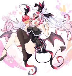 Rule 34 | 1girl, asymmetrical legwear, axia (03400441), brown eyes, colored tips, commission, demon girl, demon horns, demon tail, demon wings, highres, horns, indie virtual youtuber, multicolored hair, one eye closed, pink hair, shoes, skeb commission, tail, thighhighs, twintails, virtual youtuber, white hair, wings, winy (vtuber)