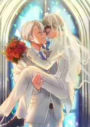 Rule 34 | 10s, 2boys, black footwear, black hair, blue-framed eyewear, bouquet, bridal veil, carrying, church, couple, closed eyes, flower, forehead-to-forehead, formal, glasses, grin, groom, heads together, highres, husband and husband, indoors, jacket, jewelry, kagura kurosaki, katsuki yuuri, long sleeves, male focus, matching outfits, multiple boys, necktie, pants, princess carry, red flower, red rose, rimless eyewear, ring, rose, shoes, silver hair, smile, suit, veil, viktor nikiforov, wedding, white jacket, white pants, white suit, window, wing collar, yaoi, yuri!!! on ice