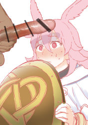 Rule 34 | 1boy, 1girl, animal ears, banned artist, bar censor, blush, censored, erection, fate/grand order, fate (series), hair between eyes, head wings, hetero, highres, hildr (fate), holding, holding shield, large penis, long hair, looking at another, looking at penis, mo (kireinamo), nose blush, penis, penis awe, penis shadow, pink hair, red eyes, shield, solo focus, sweat, valkyrie (fate), veins, veiny penis, wings