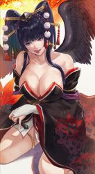 Rule 34 | 1girl, bare shoulders, black hair, black wings, breasts, bridal gauntlets, cleavage, commentary, dead or alive, gauss &lt;bokashi, hair ornament, highres, japanese clothes, large breasts, licking lips, mole, mole under mouth, nyotengu, purple eyes, solo, tongue, tongue out, wings