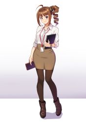 Rule 34 | 1girl, ahoge, ankle boots, black footwear, black pantyhose, boots, brown hair, brown scrunchie, brown skirt, clipboard, closed mouth, commentary, dress shirt, drill hair, full body, hair ornament, hair scrunchie, high-waist skirt, highres, holding, idolmaster, idolmaster million live!, idolmaster million live! theater days, kamille (vcx68), lanyard, looking at viewer, medium hair, miniskirt, office lady, pantyhose, pencil skirt, purple eyes, scrunchie, shadow, shirt, shirt tucked in, side drill, side ponytail, sidelocks, skirt, smile, solo, standing, wallet, watch, white shirt, wing collar, wristwatch, yokoyama nao
