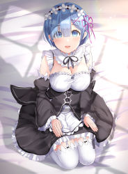Rule 34 | 1girl, blue eyes, blue hair, breasts, cleavage, commentary request, detached sleeves, from above, garter straps, hair ornament, hair over one eye, hair ribbon, highres, lap pillow, large breasts, looking at viewer, maid, maid headdress, morerin, open mouth, pink ribbon, re:zero kara hajimeru isekai seikatsu, rem (re:zero), ribbon, short hair, sitting, smile, solo, thighhighs, wariza, white thighhighs, x hair ornament