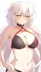 Rule 34 | 1girl, ahoge, bikini, black bikini, blush, breasts, cleavage, closed mouth, commentary request, fate/grand order, fate (series), hair between eyes, highres, jeanne d&#039;arc alter (fate), jeanne d&#039;arc alter (swimsuit berserker) (fate), large breasts, long hair, looking at viewer, navel, o-ring, o-ring bikini, official alternate costume, simple background, solo, stomach, swimsuit, umi endu, very long hair, white background, white hair, yellow eyes