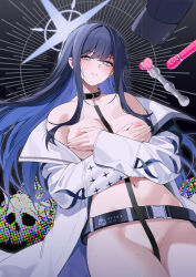 Rule 34 | 1girl, baseball cap, bechu, belt, black collar, black hair, black hat, blue archive, blue hair, blush, breasts, coat, collar, covering breasts, covering privates, halo, hat, highres, korean commentary, large breasts, leash, long hair, long sleeves, looking at viewer, nipples, off shoulder, open clothes, open coat, parted lips, purple eyes, saori (blue archive), sidelocks, solo, sweat, unworn hat, unworn headwear, very long hair, white coat