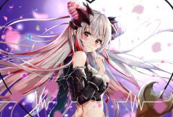 Rule 34 | 1girl, nanashi inc., bare shoulders, black shirt, blurry, blush, breasts, commentary request, cone hair bun, crop top, demon girl, demon tail, depth of field, detached sleeves, finger to mouth, floating hair, hair bun, hair ornament, head tilt, heart, highres, honey strap, horns, index finger raised, kuria (clear trip second), large breasts, long hair, long sleeves, looking at viewer, looking to the side, midriff, multicolored hair, petals, red eyes, red hair, shirt, shushing, sidelocks, silver hair, smile, solo, streaked hair, suou patra, tail, upper body, virtual youtuber, wing collar