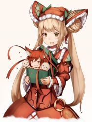 Rule 34 | 10s, 2girls, animal ears, blonde hair, bow, cerberus (shingeki no bahamut), dog ears, double bun, frills, green eyes, green ribbon, hair bun, hair ornament, holding, long hair, looking at viewer, luna (shadowverse), multiple girls, open mouth, red eyes, red hair, ribbon, shadowverse, shingeki no bahamut, simple background, snm (sunimi), twintails, very long hair, white background