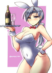 Rule 34 | 10s, 1girl, alcohol, animal ears, bare shoulders, blue eyes, blush, bottle, bow, bowtie, breasts, chitose (kancolle), cleavage, covered navel, cup, curvy, detached collar, drinking glass, fake animal ears, grey hair, headband, kantai collection, long hair, looking at viewer, low ponytail, parted lips, playboy bunny, ponytail, rabbit ears, rabbit tail, shinshin, solo, tail, thick thighs, thighs, wide hips, wine, wine glass, wrist cuffs