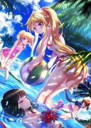 Rule 34 | &gt; &lt;, 10s, 5girls, :d, :o, afloat, alice cartelet, alternate hairstyle, ass, ball, beachball, bikini, bikini bottom only, bikini skirt, bird, black hair, blonde hair, blue eyes, blue hair, blue sky, blunt bangs, blush, bracelet, breasts, brown hair, casual one-piece swimsuit, closed eyes, cloud, d:, dappled sunlight, day, dutch angle, dx, flower, forest, hair ornament, hair scrunchie, hairclip, hands on own knees, highres, holding, holding ball, inokuma youko, jewelry, kin-iro mosaic, komichi aya, kujou karen, leaning forward, light rays, long hair, looking at viewer, looking back, lying on water, multiple girls, nature, ocean, one-piece swimsuit, oomiya shinobu, open mouth, outdoors, palm tree, parted lips, pink one-piece swimsuit, ponytail, purple eyes, scrunchie, short hair, sidelocks, sky, small breasts, smile, spider lily, starfish, striped bikini, striped clothes, sunlight, swimsuit, swordsouls, tree, twintails, very long hair, waves, white bikini, wince, x hair ornament
