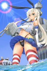 Rule 34 | 10s, 1girl, anchor, black panties, blonde hair, elbow gloves, gloves, green eyes, hair ornament, hairband, highres, hobby (kento), innertube, kantai collection, long hair, md5 mismatch, navel, panties, pantyshot, personification, rensouhou-chan, shimakaze (kancolle), skirt, soaking feet, striped clothes, striped thighhighs, sun, swim ring, thighhighs, underwear, upskirt, wading, water, white gloves