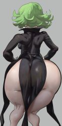 Rule 34 | 1girl, artist name, ass, bare legs, breasts, butt crack, curled horns, curvy, green eyes, green hair, grey background, highres, horns, huge ass, medium breasts, no panties, noblood (ryandomonica), one-punch man, shiny skin, solo, tatsumaki, thighs, wide hips