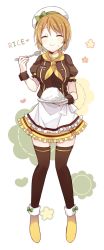 Rule 34 | 1girl, :t, ^ ^, apron, bad id, bad pixiv id, beret, black thighhighs, blush, boots, brown hair, closed eyes, closed mouth, coco&#039;s, eating, facing viewer, food, food on face, frilled apron, frills, hat, koizumi hanayo, love live!, love live! school idol festival, love live! school idol project, neckerchief, puffy short sleeves, puffy sleeves, short hair, short sleeves, smile, solo, standing, thighhighs, waist apron, waitress, wrist cuffs, yellow footwear, yimu