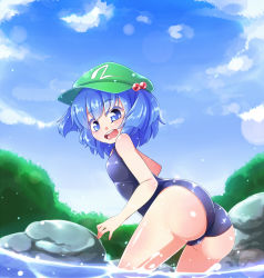 Rule 34 | 1girl, ass, back, blue eyes, blue hair, cloud, day, hair bobbles, hair ornament, hat, kawashiro nitori, looking back, matching hair/eyes, one-piece swimsuit, open mouth, river, rock, school swimsuit, short hair, sky, smile, solo, swimsuit, touhou, tree, twintails, two side up, water, yuuki (yuyuki000)
