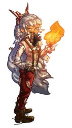 Rule 34 | 1girl, biting, boots, brown footwear, fire, fire, fujiwara no mokou, full body, glove biting, gloves, unworn gloves, grin, hair ribbon, half updo, highres, long hair, looking at viewer, mouth hold, ofuda, pants, popped collar, red eyes, red pants, ribbon, silver hair, single glove, smile, solo, standing, suspenders, taipoh, touhou, very long hair, white background