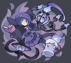 Rule 34 | 1girl, absurdres, black pantyhose, blunt bangs, blush, book, chandelure, closed mouth, commentary request, creatures (company), dress, evolutionary line, game freak, gen 5 pokemon, glasses, gloves, highres, holding, holding pen, lampent, litwick, looking at viewer, mary janes, nintendo, pantyhose, pen, pokemon, pokemon bw, purple dress, purple hair, shauntal (pokemon), shoes, short hair, smile, sutokame