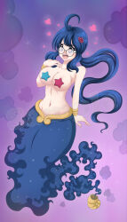 Rule 34 | 1girl, blue hair, breasts, convenient censoring, genie, glasses, heart, heart-shaped pupils, highres, large breasts, long hair, open mouth, pasties, smile, solo, symbol-shaped pupils, wah-ngt