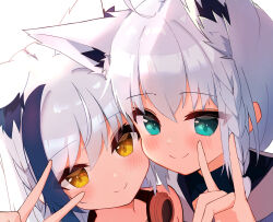 2girls ahoge animal_ear_fluff animal_ears aomiya_yozuri blue_hair blush braid cat_ears cat_girl commentary_request extra_ears fox_ears fox_girl fox_shadow_puppet goggles goggles_around_neck green_eyes hair_between_eyes highres hololive kasawara long_hair looking_at_viewer multicolored_hair multiple_girls shirakami_fubuki shirakami_fubuki_(1st_costume) sidelocks simple_background single_braid smile streaked_hair swept_bangs v vee_(vtuber) virtual_youtuber white_background white_hair yellow_eyes