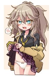 Rule 34 | 1girl, :d, black shirt, blue eyes, blush, bow, bow panties, brown background, brown hair, brown jacket, clothes lift, collared shirt, commentary request, cropped legs, fang, jacket, kasukabe tsumugi, lifted by self, long sleeves, looking at viewer, navel, necktie, off shoulder, open clothes, open jacket, open mouth, panties, pleated skirt, ponytail, purple skirt, shirt, skirt, skirt lift, sleeves past wrists, smile, solo, spoken blush, sweat, two-tone background, underwear, voicevox, wacho (nanto wachou ken), white background, white panties, yellow necktie