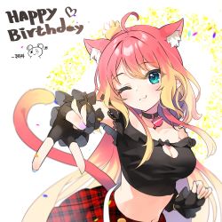 Rule 34 | 1girl, ;), ahoge, animal ears, black choker, black gloves, black shirt, blonde hair, blue eyes, blue nails, blush, breasts, brown nails, cat ears, cat girl, cat tail, choker, cleavage, cleavage cutout, closed mouth, clothing cutout, collarbone, commentary request, fingerless gloves, gloves, hair between eyes, happy birthday, highres, ki yumi, korean text, kutata, long hair, medium breasts, multicolored hair, multicolored nails, nail polish, off-shoulder shirt, off shoulder, one eye closed, outstretched arm, pink nails, plaid, plaid skirt, pleated skirt, red hair, red skirt, shirt, skirt, smile, solo, tail, two-tone hair, very long hair, virtual youtuber, want project, yellow nails
