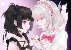 Rule 34 | 2girls, bad id, bad pixiv id, black choker, black hair, black nails, black ribbon, black vs white, blunt bangs, bow, breasts, choker, cleavage, commentary request, ear piercing, earrings, frills, hair bow, hair ornament, hair ribbon, heart, heart earrings, holding hands, interlocked fingers, jewelry, looking at another, mini wings, multiple girls, nail polish, ompf, original, piercing, pink bow, pink eyes, pink hair, pink nails, purple eyes, red bow, ribbon, short hair, small breasts, smile, tears, white wings, wings, wrist cuffs, yuri
