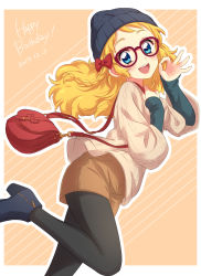 Rule 34 | 1girl, :d, aikatsu!, aikatsu! (series), ankle boots, bag, beanie, black pantyhose, blonde hair, blue eyes, blue footwear, boots, bow, brown shorts, casual, dated, english text, from side, glasses, hair bow, happy birthday, hat, high heel boots, high heels, highres, long hair, long sleeves, looking at viewer, looking to the side, ok sign, open mouth, pantyhose, pink background, red-framed eyewear, red bow, saegusa kii, sekina, short shorts, shorts, shoulder bag, smile, solo, standing, standing on one leg, sweater