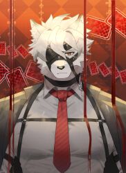 Rule 34 | 1boy, absurdres, ambiguous red liquid, animal ears, black choker, black coat, card, chest harness, choker, coat, commentary, english commentary, eyepatch, furry, furry male, harness, highres, jujurlyreckless, looking at viewer, male focus, necktie, one eye covered, playing card, red eyes, red necktie, shirt, upper body, von lycaon, white shirt, wolf boy, wolf ears, zenless zone zero