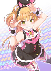 Rule 34 | 1girl, animal ears, arms up, bare shoulders, black dress, black hairband, black thighhighs, blonde hair, blush, bow, breasts, cleavage, collar, commentary request, detached collar, dress, fake animal ears, frilled collar, frills, fur-trimmed dress, fur trim, green eyes, grin, hairband, heart, idolmaster, idolmaster cinderella girls, idolmaster cinderella girls starlight stage, jougasaki rika, kaiware-san, long hair, pink bow, rabbit ears, small breasts, smile, solo, thighhighs, two side up, v-shaped eyebrows, very long hair, white collar, wing collar