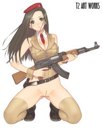 Rule 34 | 1girl, ak-47, assault rifle, belt, beret, black hair, boots, bottomless, breasts, cleavage, cleft of venus, female focus, full body, gluteal fold, grey eyes, gun, hat, kalashnikov rifle, kneeling, long hair, military, military uniform, necktie, pussy, rifle, simple background, solo, thighhighs, tony taka, uncensored, uniform, weapon, white background, wrist cuffs