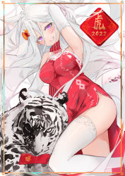 Rule 34 | 1girl, 2022, animal ears, arm behind head, arm up, armpits, ass, bare shoulders, blush, breasts, china dress, chinese clothes, chinese zodiac, commentary, dema hmw, dress, elbow gloves, foot out of frame, gloves, grin, hair between eyes, hair ornament, happy new year, highres, jewelry, large breasts, lipstick, long hair, looking at viewer, makeup, necklace, new year, original, pelvic curtain, purple eyes, red dress, red scarf, scarf, side slit, smile, solo, striped clothes, striped scarf, thighhighs, thighs, tiger, very long hair, white gloves, white hair, white thighhighs, year of the tiger