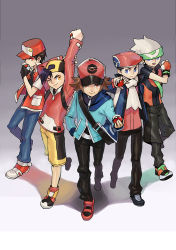 Rule 34 | 00s, 10s, 1990s (style), 5boys, :d, ;), arms up, backpack, backwards hat, bag, baseball cap, black gloves, black pants, blue eyes, blue jacket, brendan (pokemon), brown eyes, brown hair, closed mouth, creatures (company), denim, ethan (pokemon), ethan (pokemon) (classic), fingerless gloves, full body, game freak, gloves, gradient background, hand in pocket, handbag, hat, headband, hilbert (pokemon), holding, holding poke ball, jacket, jeans, kushabiria, leg up, long sleeves, looking at viewer, lucas (pokemon), male focus, multiple boys, nintendo, one eye closed, open clothes, open jacket, open mouth, orange eyes, over shoulder, pants, pixiv red, pocket, poke ball, poke ball (basic), pokemon, pokemon bw, pokemon dppt, pokemon gsc, pokemon rgby, pokemon rse, profile, red (pokemon), red eyes, red footwear, red gloves, red hat, red jacket, retro artstyle, scarf, shoes, short hair, short sleeves, shorts, smile, standing, standing on one leg, stretching, sweatband, white scarf, yellow eyes, yellow shorts, zipper
