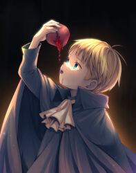 Rule 34 | 1boy, arm up, ascot, axis powers hetalia, black background, black cloak, black robe, blonde hair, blue eyes, child, cloak, eating, food, food on clothes, food on face, from side, fruit, glowing, highres, holding, holding food, holding fruit, holy roman empire (hetalia), long sleeves, looking up, male focus, open mouth, pomegranate, robe, shio konbu (syoko128), short hair, solo, tongue, tongue out, upper body, white ascot