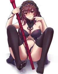 Rule 34 | 1girl, bad id, bad pixiv id, bare arms, bare shoulders, black thighhighs, blush, breasts, cum, cum on body, cum on breasts, cum on lower body, cum on upper body, fate/grand order, fate (series), feet, full body, gae bolg (fate), gongba laoge, holding, holding weapon, large breasts, long hair, looking at viewer, navel, no shoes, nose blush, purple hair, red eyes, scathach (fate), sitting, smile, solo, spread legs, thighhighs, toes, veil, weapon