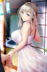 Rule 34 | 1boy, 1girl, ass, back, bare shoulders, bed, blue eyes, blush, breasts, closed mouth, commentary request, doorway, dress, gentsuki, hair pulled back, hair ribbon, highres, holding another&#039;s arm, large breasts, lavender dress, looking at viewer, medium hair, original, out of frame, panties, photoshop (medium), ribbon, see-through, shouji, sidelocks, sliding doors, smile, thighs, thong, underwear, white dress, white hair, white panties