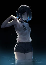 Rule 34 | 1girl, absurdres, black background, black choker, black hair, black ribbon, black shorts, bra visible through clothes, breasts, chainsaw man, chinese commentary, choker, closed mouth, collared shirt, cowboy shot, green eyes, grenade pin, hair between eyes, hair bun, highres, lips, looking at viewer, madao, medium breasts, neck ribbon, pulling, reze (chainsaw man), ribbon, ripples, see-through, shirt, shirt tucked in, short hair, short shorts, shorts, simple background, single hair bun, sleeveless, sleeveless shirt, smile, solo, wading, water, wet, wet clothes, wet shirt, white shirt, wing collar